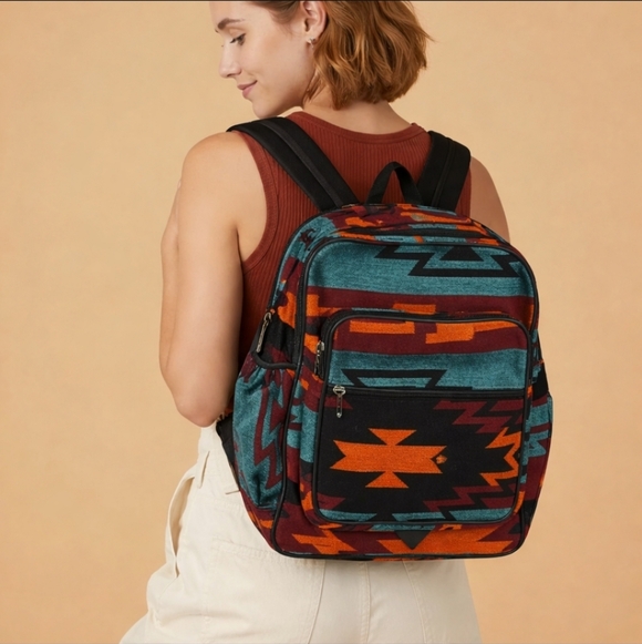 El Paso Saddleblanket Company Handbags - Tribal Patterned Backpack in Teal and Orange 100% Wool NWOT